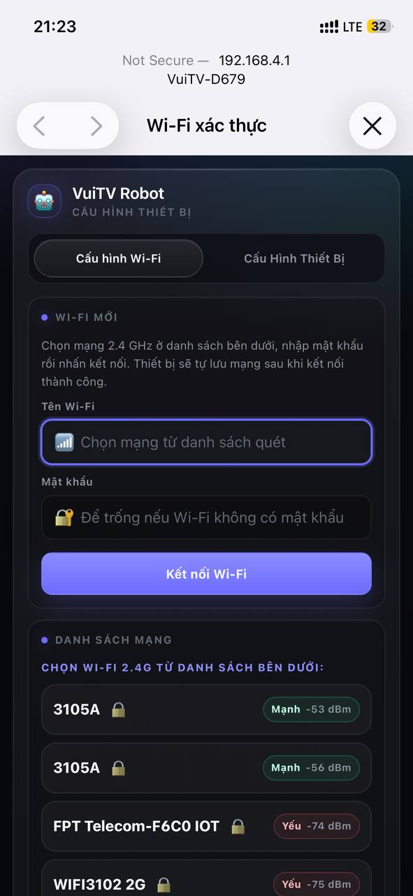 Trang cấu hình Wi-Fi 192.168.4.1 của VuiTV Robot