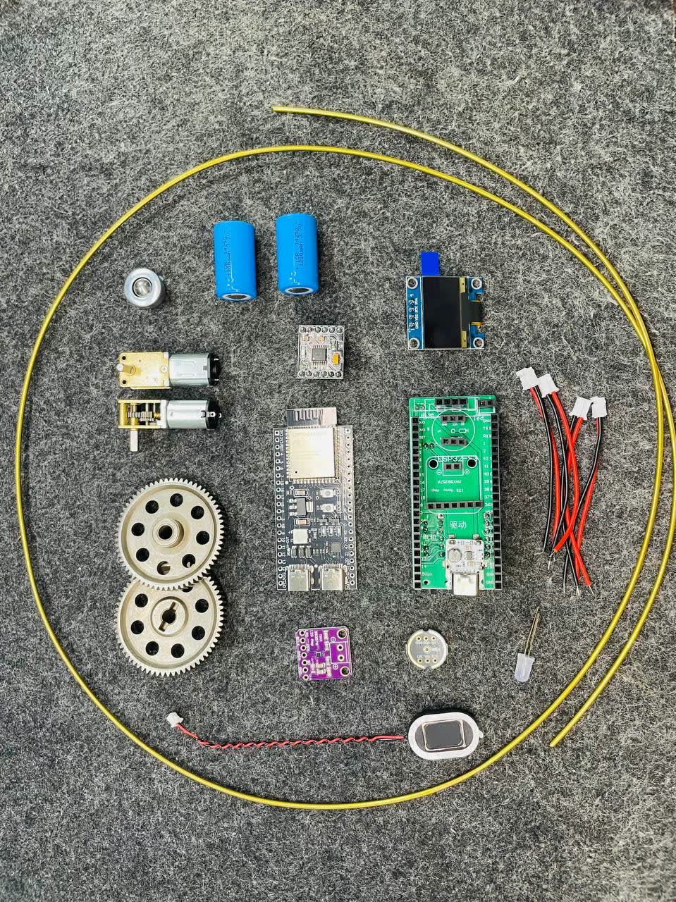 Combo linh kiện VuiTV Robot V2 gồm ESP32, OLED, motor, pin, bánh răng và dây kết nối